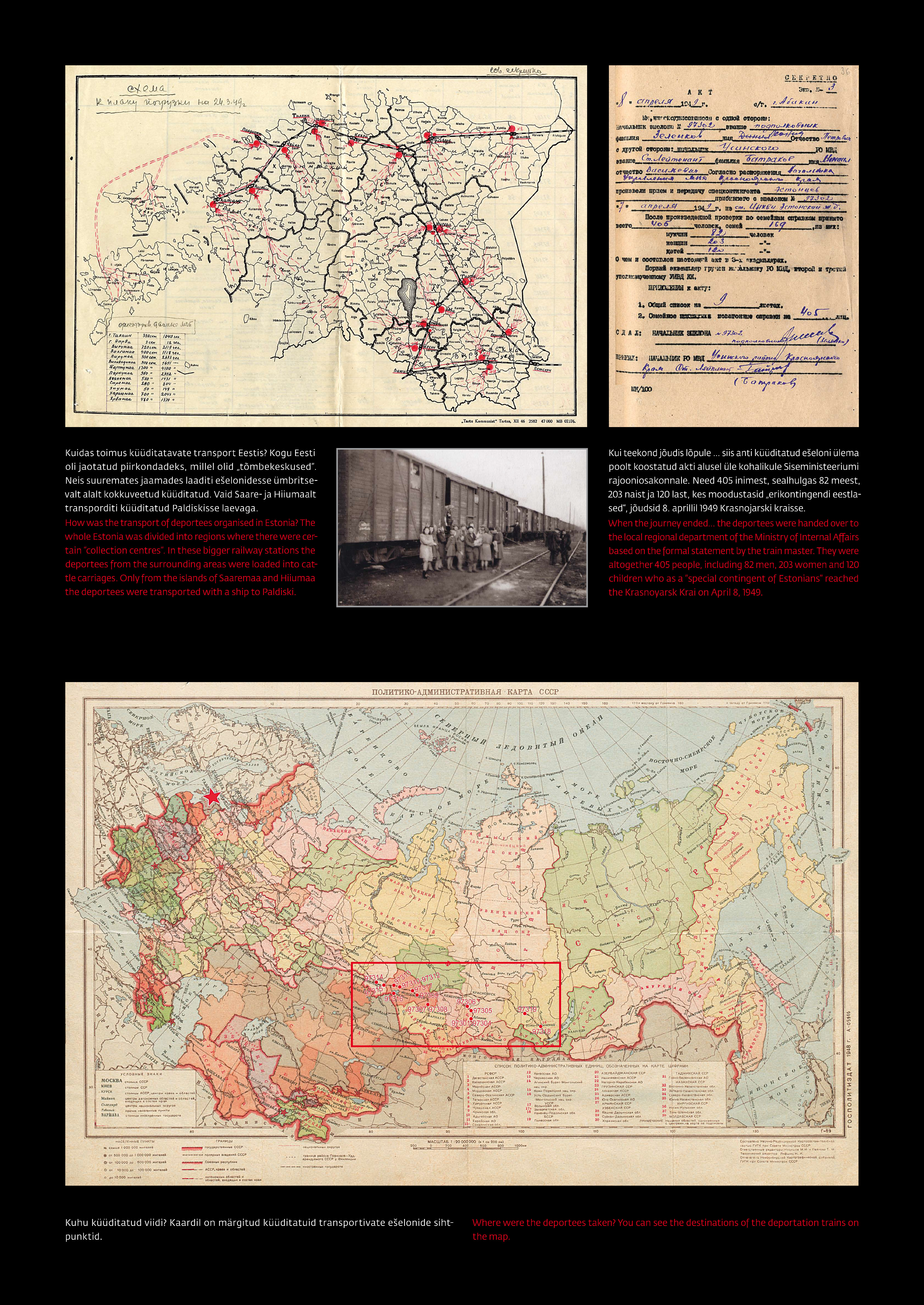 Kaart küüditavate transpordist Eestis. Kaart sihkohast. Küüditamise akt. Inimesed rongi juures seismas.