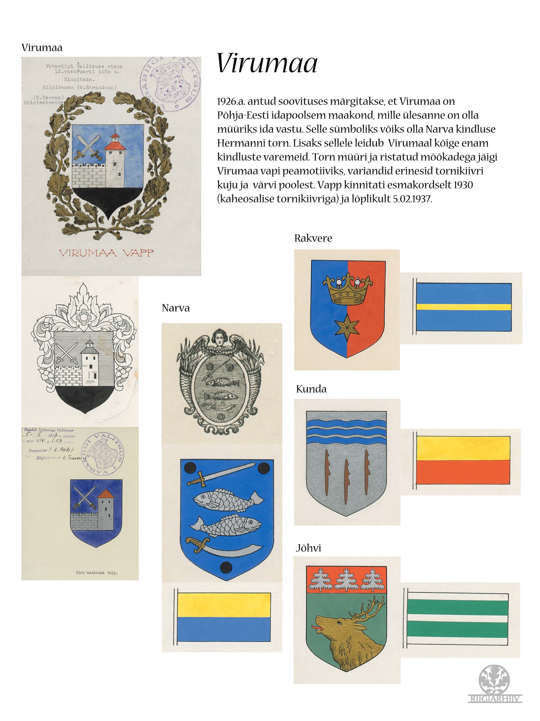 Virumaa. Narva, Rakvere, Kuna ja Jõhvi vapid ja lipud.